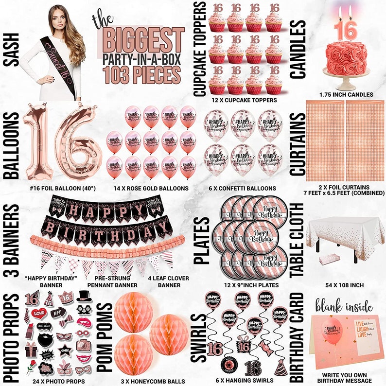 Sweet 16th Birthday Decoration Rose Gold Party Balloons, Party Supplies ...