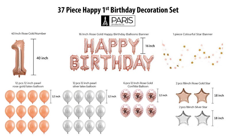 1st BIRTHDAY GIRL DECORATIONS rose gold for her party supplies balloons banners cake topper photo booth daughter happy first gift baby pink