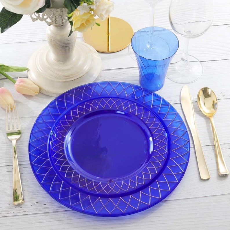 150PCS Clear Blue Plastic Plates with Gold Rim &Gold Plastic Etsy