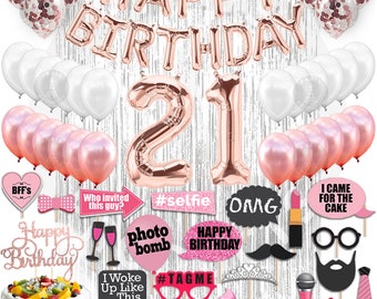 21st Birthday Decoration Rose Gold with Silver Curtain, 21 Party Supplies, 21st Sash, 21 Cake Topper, 21st Photo Props, confetti Balloons