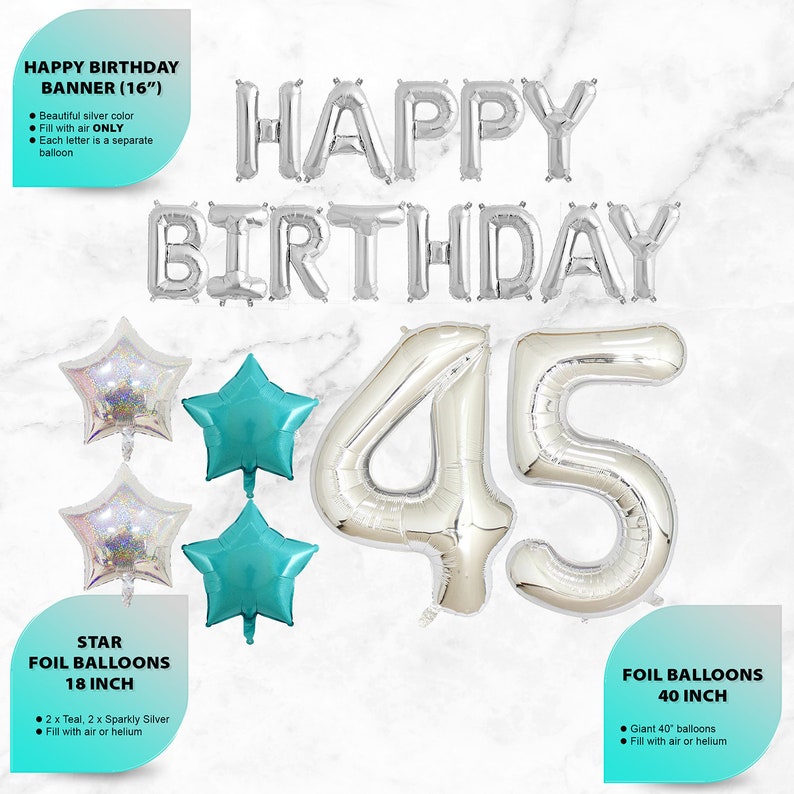 45th Birthday Party Decorations Kit - Purple Theme With Number 45 Balloon, Banner & Confetti Balloons