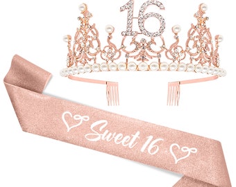 Sweet 16 Sash and Tiara for Sweet 16 Birthday Decorations, Sweet 16 Gifts for Girls, Sweet 16 Party Decorations, 16th Birthday Decoration