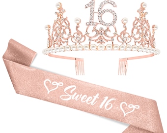 May include: Rose gold tiara with a rhinestone '16' and pearl accents, paired with a rose gold satin sash with the text 'Sweet 16' in white.