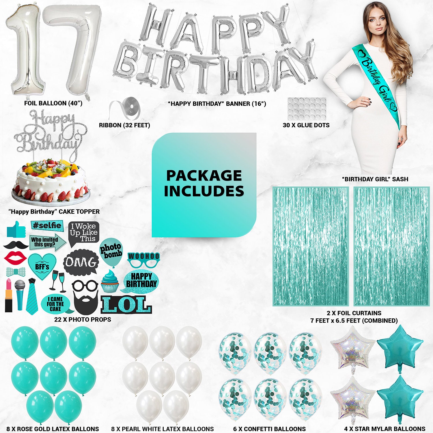 24 Piece 17th Birthday Decorations For Girls, 17 Year Old, 40% OFF