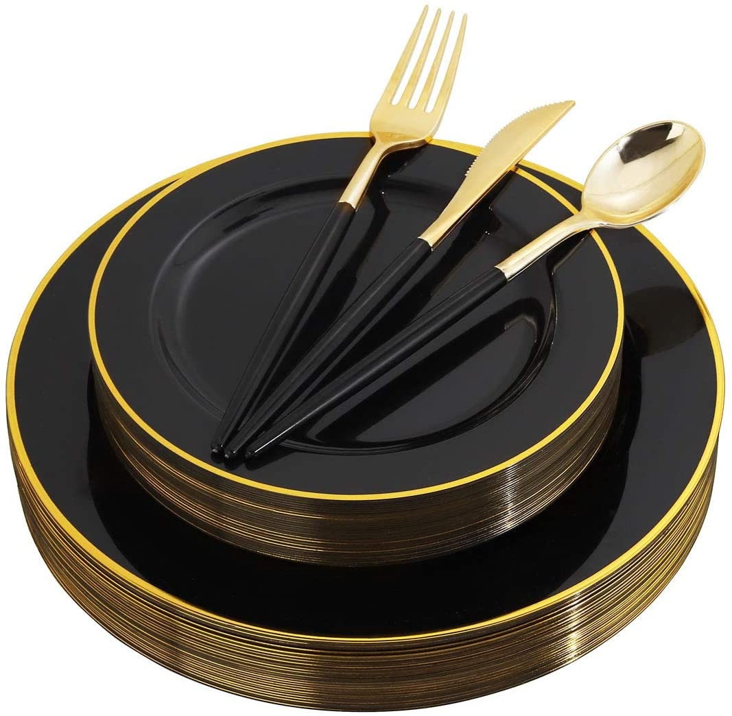 120 PCS Black Plastic Plates with Gold Rim Gold Disposable Etsy