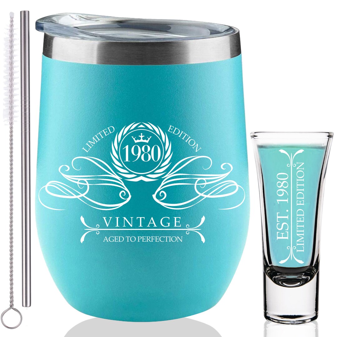 1980 41st Birthday 40th 12oz Aqua Blue Wine Tumbler Gifts Women Men