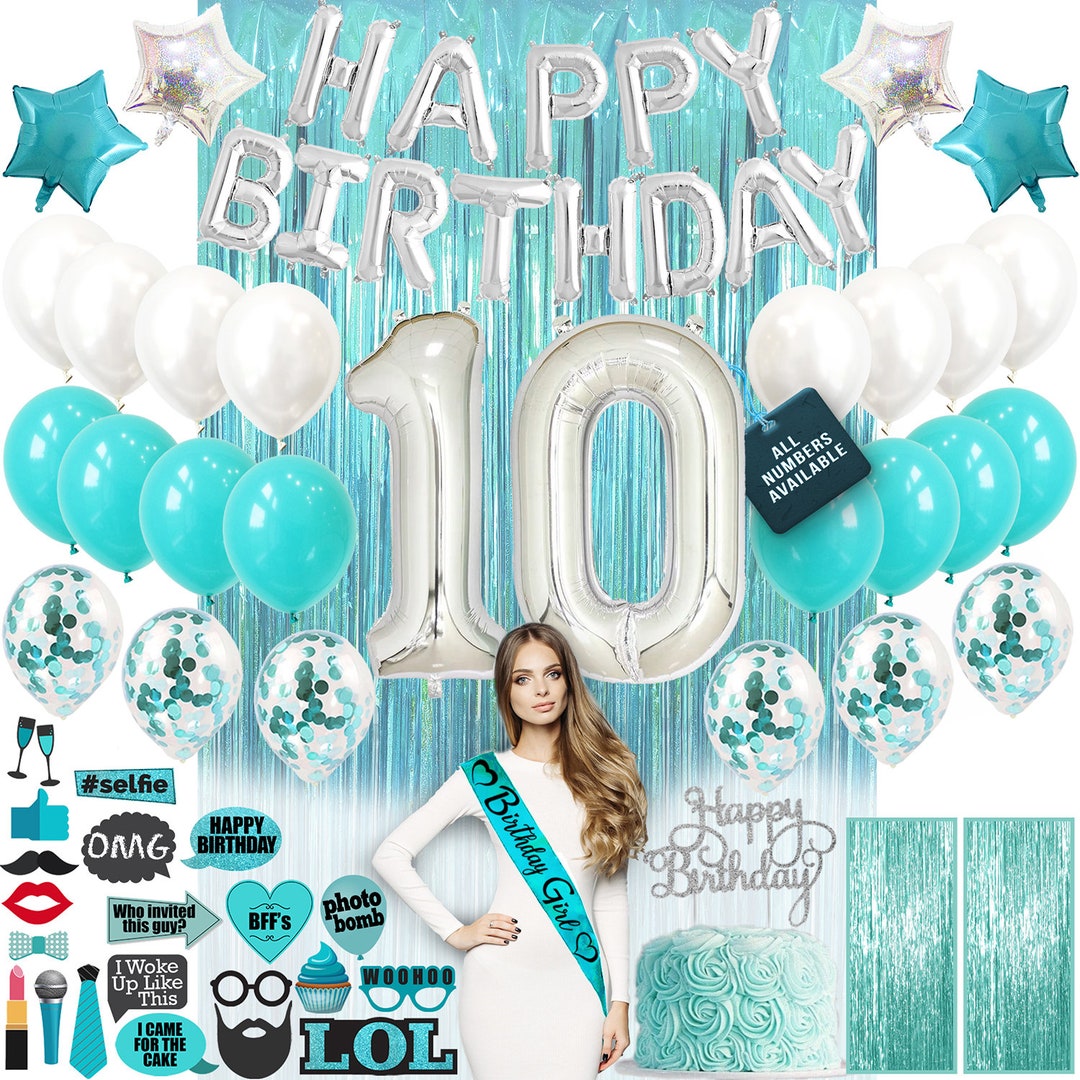 Decoraciones de décimo cumpleaños para niñas con accesorios fotográficos,  azul turquesa verde azulado, globos de cumpleaños número 10, globos de  confeti verde azulado, 10 años -  México
