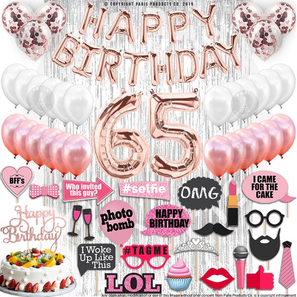 65TH Birthday Party Decorations Kit Happy Brithday Banner 65 Mylar Foil Balloon Latex Balloon Perfect 65 Years Old Party Supplies  rose gold
