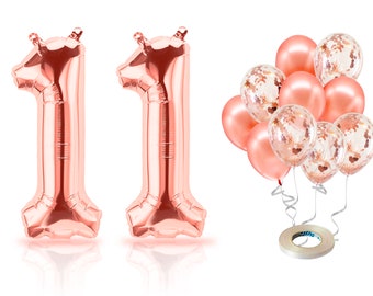 PARIS PRODUCTS - 11th Birthday Rose Gold Balloons & Number 11 Mylar Balloon, 11th Birthday Party Decor, 11th Birthday Decorations for Girl