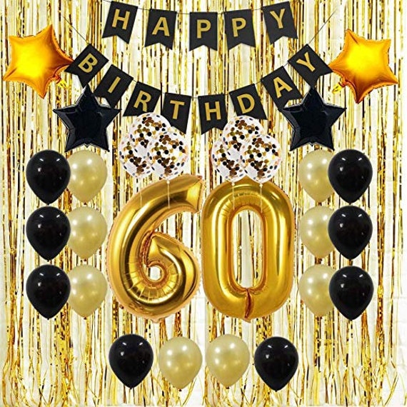 Black Birthday Party Decorations Set with Happy Birthday Balloons Banner,  Confetti Balloons, Foil Fringe Curtain for Birthday Party Supplies