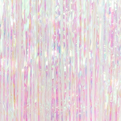 2 Pack Iridescent Transparent Metallic Tinsel Backdrop Foil Fringe Curtains Party Photo Booth Props Wedding Baby Shower Graduations Birthday
