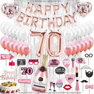 70th Birthday Decorations, Birthday Party Supplies, 70th Birthday Banner Rose Gold, Confetti Balloons Her, 70th Cake Topper, 70 Photo Props