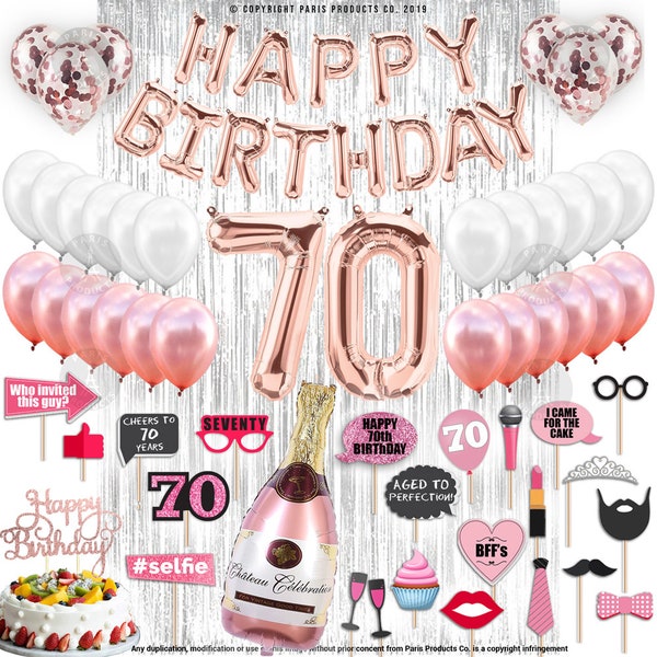 70th Birthday Decorations, Birthday Party Supplies, 70th Birthday Banner Rose Gold, Confetti Balloons Her, 70th Cake Topper, 70 Photo Props