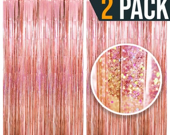 2 Pack Sparkly Blush Pink Metallic Tinsel, Foil Fringe Curtains Party Photo Booth Props, Backdrop, Wedding Décor Baby Shower Birthday