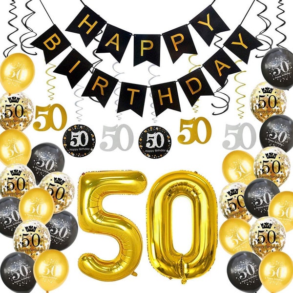 50th Birthday Decorations Party Supplies Gold, 50th Birthday Gifts for Men or Women, 50th Cake Topper, Banner, Swirls  Perfect for Backdrop