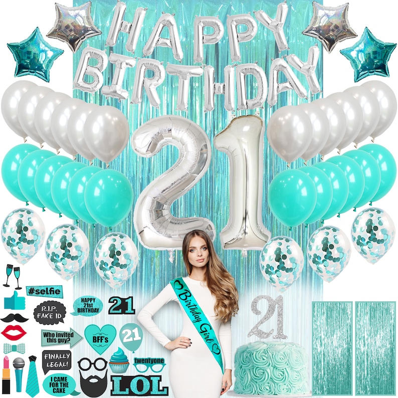 Cake Topper Banner Confetti Balloons Curtains Photo Props Teal Green Turquoise 21 Birthday Decorations for Her 21st Birthday