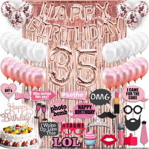 35th Birthday Decoration Rose Gold, 35 Party Supplies Decoration, 35th Sash, 35 Cake Topper, 35th Photo Props, confetti Balloons, Curtain