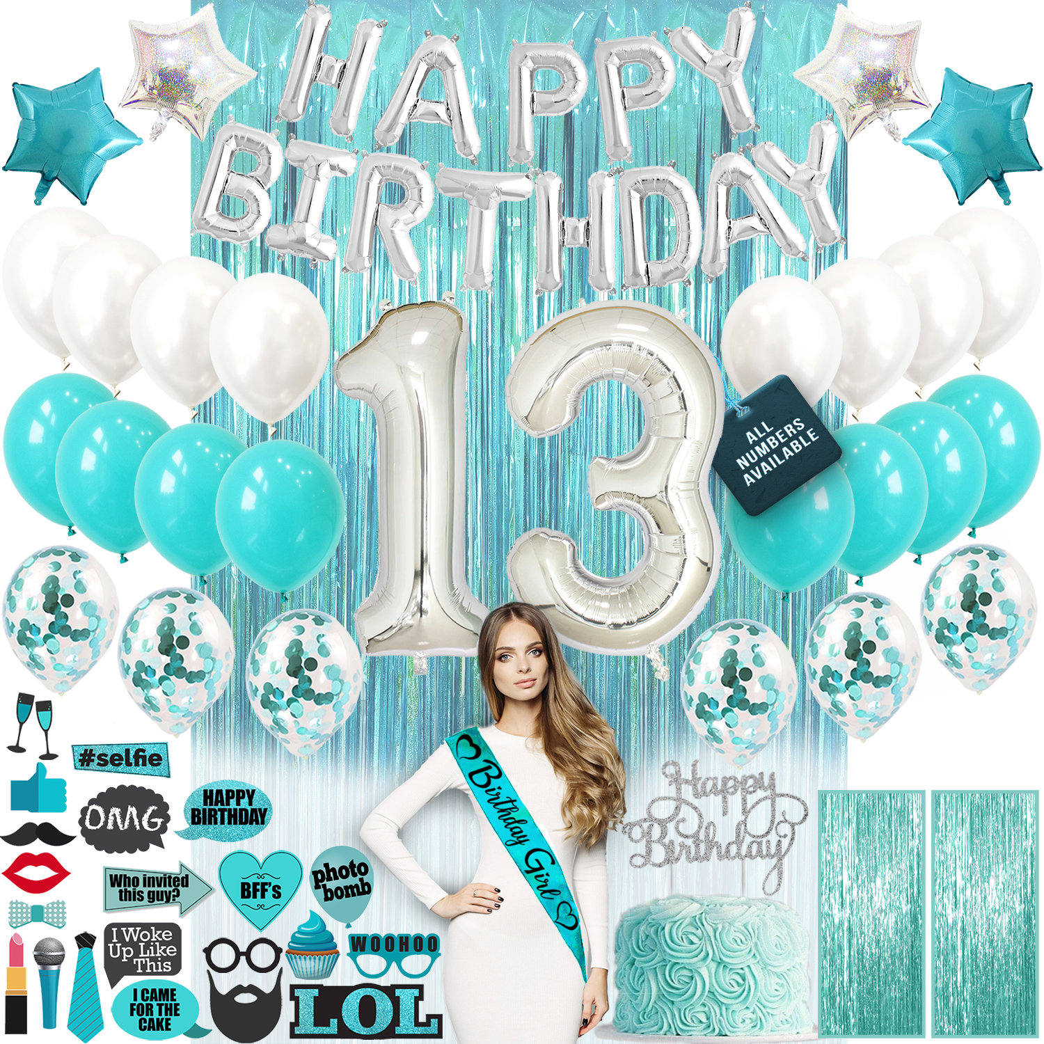 13th Birthday Decorations, 13 Birthday Party Supplies 13 Teal