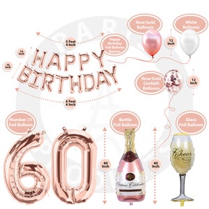 60th Birthday Decorations, 60th Birthday Party Supplies, Sixty Birthday Banner Rose Gold, Confetti Balloons Her, 60 Cake Topper image 4