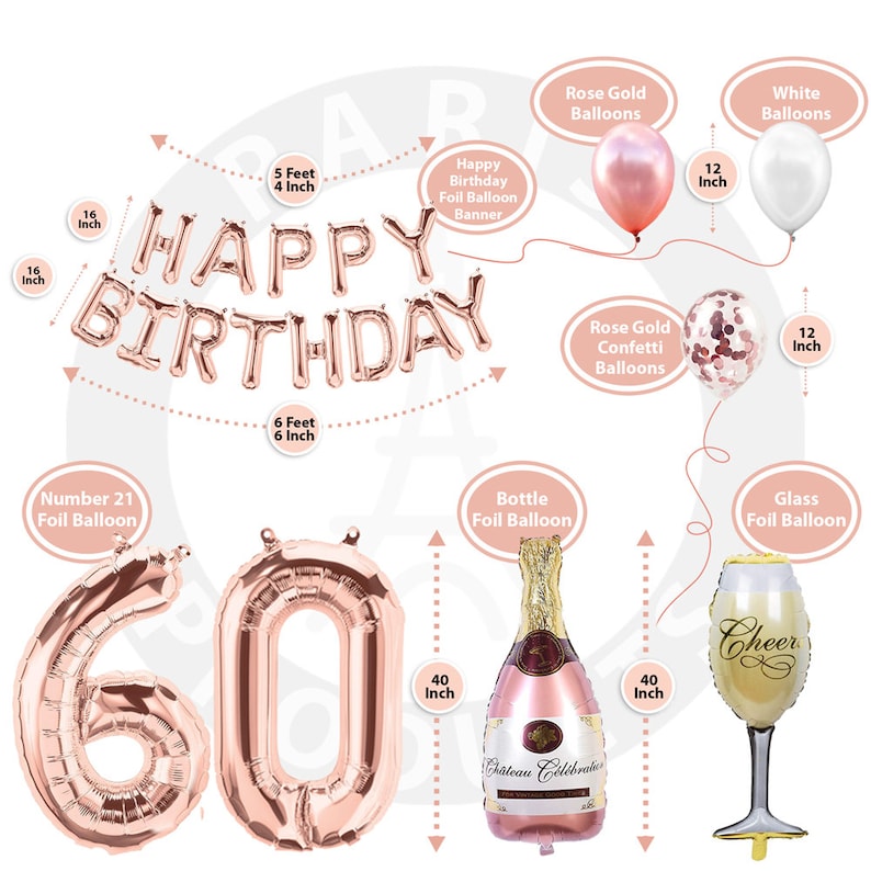 60th Birthday Decorations, 60th Birthday Party Supplies, Sixty Birthday Banner Rose Gold, Confetti Balloons Her, 60 Cake Topper image 4