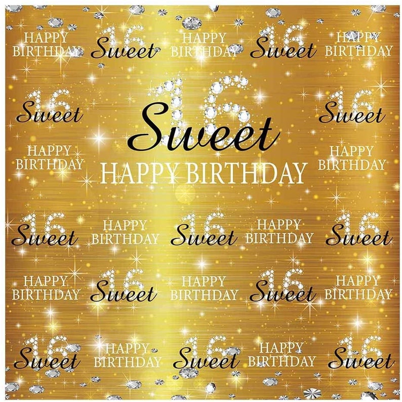 6x6ft GOLD Sweet 16th Birthday Party Backdrop Princess Girl Step and Repeat Diamonds Glitter Shiny Photography Background Sixteen