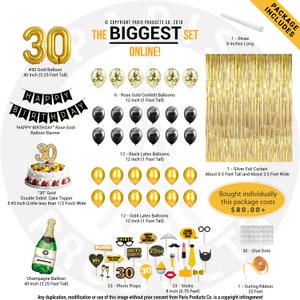 May include: A 30th birthday party decoration set with gold and black balloons, a cake topper, a banner, a champagne bottle, photo props, and a silver foil curtain. The set includes 30 glue dots, a curling ribbon, and a straw. The package costs $80.00+