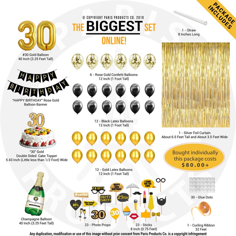 May include: A 30th birthday party decoration set with gold and black balloons, a cake topper, a banner, a champagne bottle, photo props, and a silver foil curtain. The set includes 30 glue dots, a curling ribbon, and a straw. The package costs $80.00+