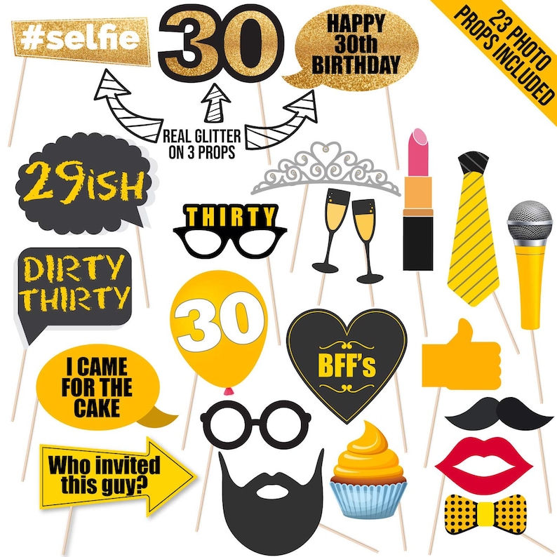 May include: A set of 23 photo booth props for a 30th birthday party. The props include a variety of fun and festive designs, such as a crown, glasses, a microphone, a mustache, a cupcake, and a heart that says "BFF's". There are also several props with the number 30 on them, including a balloon, a sign, and a number 30 with glitter.