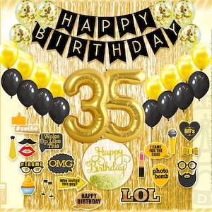 35th Birthday Decoration Black and Gold for Boy & Girl, 35th Cake Topper, 35th Party Supplies for Her and Him, 35th Birthday Photo Props