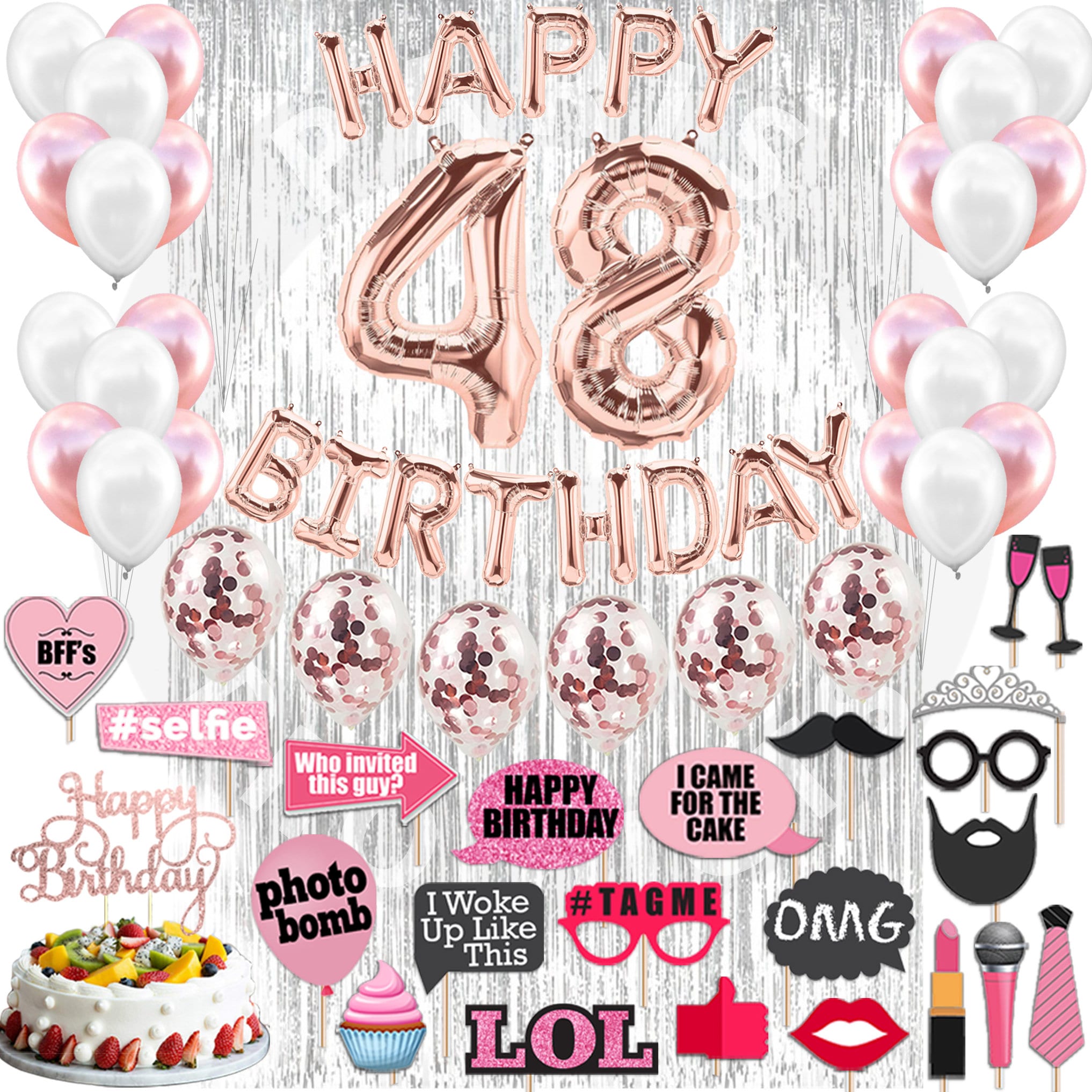 Decoraciones para fiesta de 48 cumpleaños para mujer, oro rosa, 48 adornos  para tartas, suministros para 48 fiestas, 48 accesorios para fotos, 48  fajas, cortina de lámina plateada -  España
