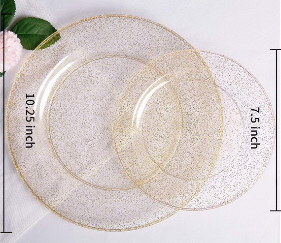 36 Dessert Plates 7.5 Disposable Dinnerware Set Includes: 36 Dinner Plates 10.25 36 Knives 36 Spoons 180pcs Gold Plastic Plates with Gold Glitter Silverware 36 Forks