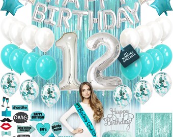 12th Birthday Gift for Girl 12th Teal Green Birthday Party Decoration Party Supplies and Banner Photo Props for 12 Birthday Cake Topper