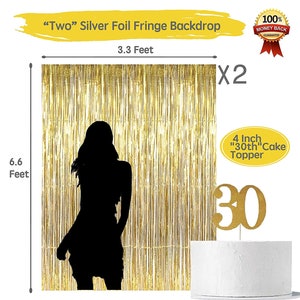 May include: Two gold foil fringe backdrops, each measuring 3.3 feet wide by 6.6 feet tall. A gold glitter cake topper with the number 30 is on top of a white cake.