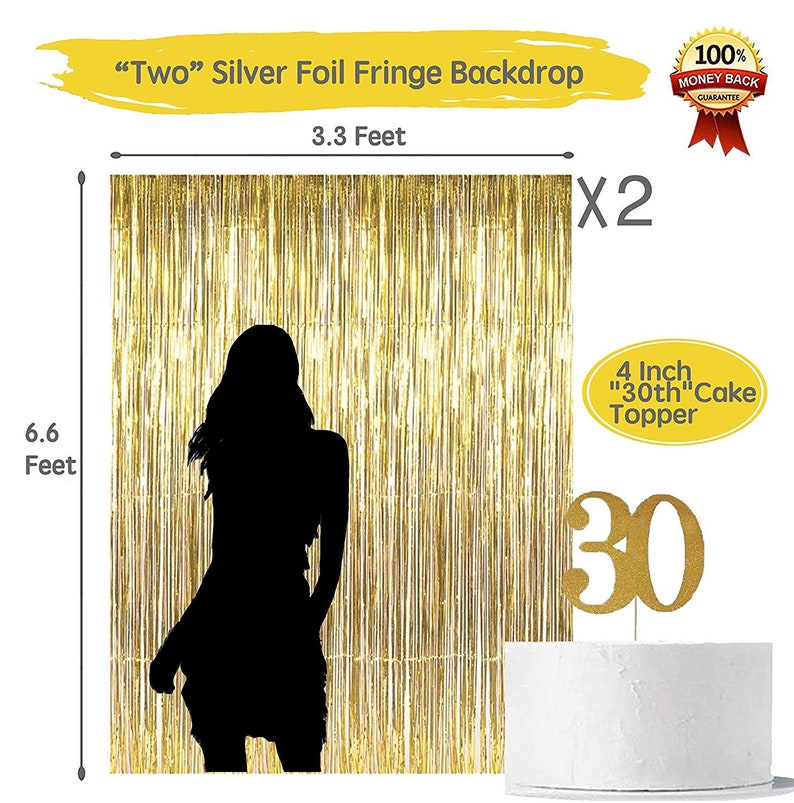 May include: Two gold foil fringe backdrops, each measuring 3.3 feet wide by 6.6 feet tall. A gold glitter cake topper with the number 30 is on top of a white cake.