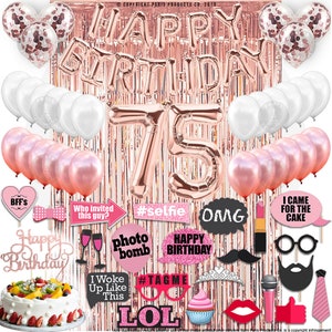 75th Birthday Decoration Rose Gold, 75 Party Supplies Decoration, 75th Sash, 75 Cake Topper, 75th Photo Props, confetti Balloons, Curtain