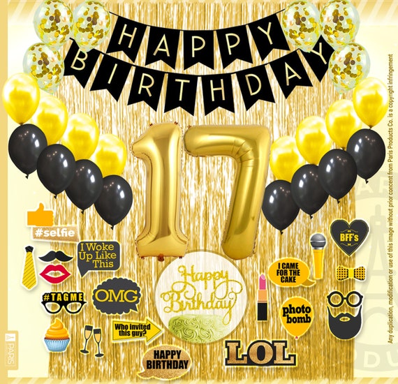 Decoración de cumpleaños número 17 en negro y dorado para niño y niña,  decoración para tarta