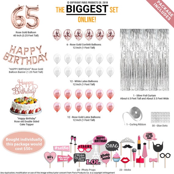 Kit de decoración para fiesta de cumpleaños número 65, pancarta Happy  Brithday, globo de látex de 65 globos de aluminio Mylar, suministros para  fiestas perfectos para 65 años, oro rosa -  España