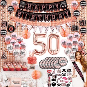 50th Rose Gold Birthday Party Decoration for Her, 50th Cake Topper, 50 Sash, 50th Photo Props, 50 Party Supplies, 50th Birthday Balloons