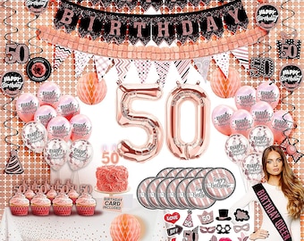 50th Rose Gold Birthday Party Decoration for Her, 50th Cake Topper, 50 Sash, 50th Photo Props, 50 Party Supplies, 50th Birthday Balloons