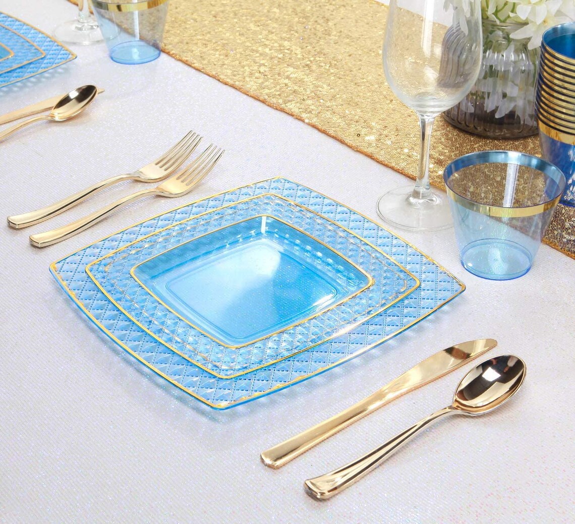 150PCS Clear Blue Plastic Plates with Gold Rim &Gold Plastic Etsy