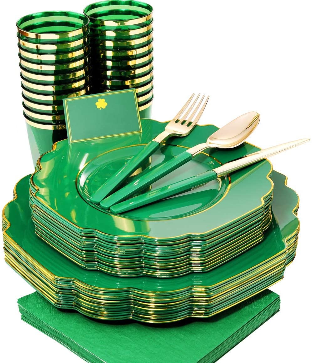 140pcs Green Plastic Plates with Gold Rim&Green Plastic Etsy
