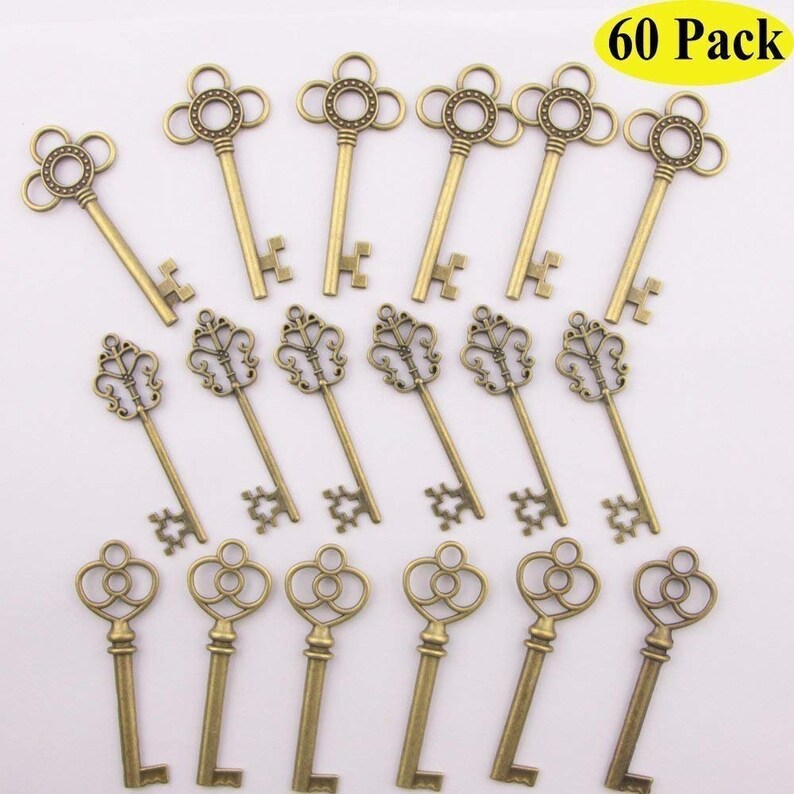 3 Styles 60 Pcs Keys Skeleton Keys in Antique Bronze Set of 60 Keys wedding favors reception bridal shower