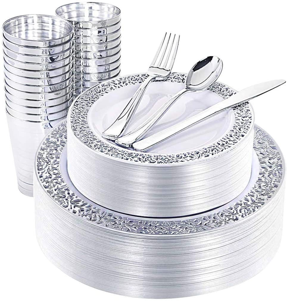 Silver Plastic Plates & Silverware Cups 150 PCS Lace Design Etsy