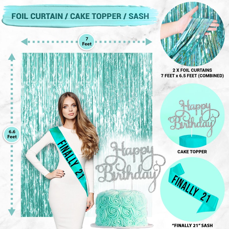 Cake Topper Banner Confetti Balloons Curtains Photo Props Teal Green Turquoise 21 Birthday Decorations for Her 21st Birthday