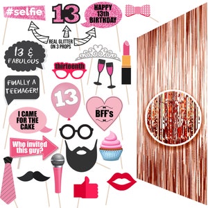 13th Birthday Photo Booth Props Kit for Teenage, 13th Birthday Party Decorations Supplies, Thirteen Birthday Supplies Teenager, 13th Bday