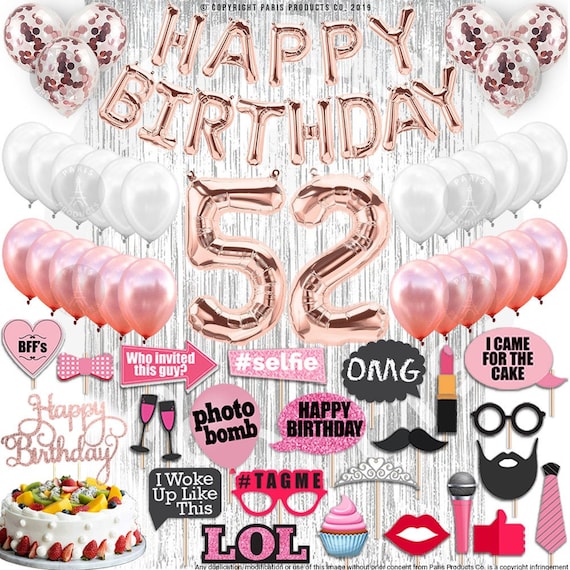 Decoraciones para 52 cumpleaños, suministros para fiesta de cumpleaños,  pancarta de 52 cumpleaños, globos de confeti de oro rosa, su foto,  decoración para tarta de 52 días -  México