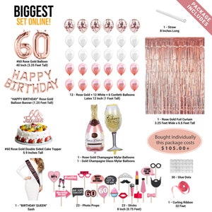 60th Birthday Decorations, 60th Birthday Party Supplies, Sixty Birthday Banner Rose Gold, Confetti Balloons Her, 60 Cake Topper image 2