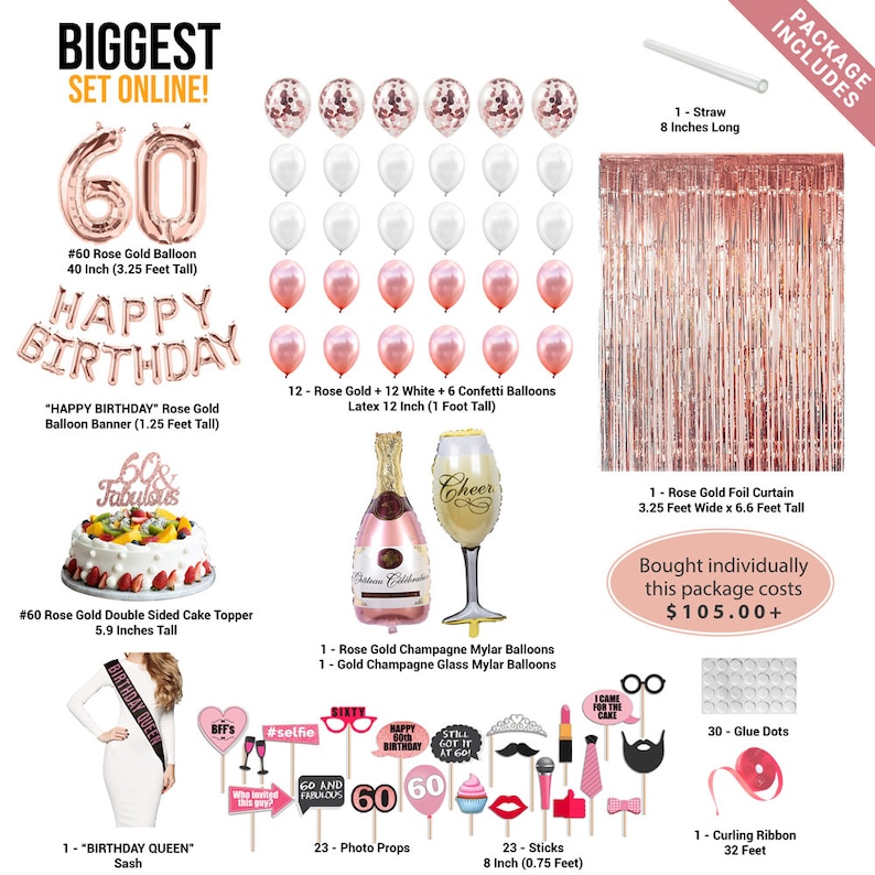 60th Birthday Decorations, 60th Birthday Party Supplies, Sixty Birthday Banner Rose Gold, Confetti Balloons Her, 60 Cake Topper image 2