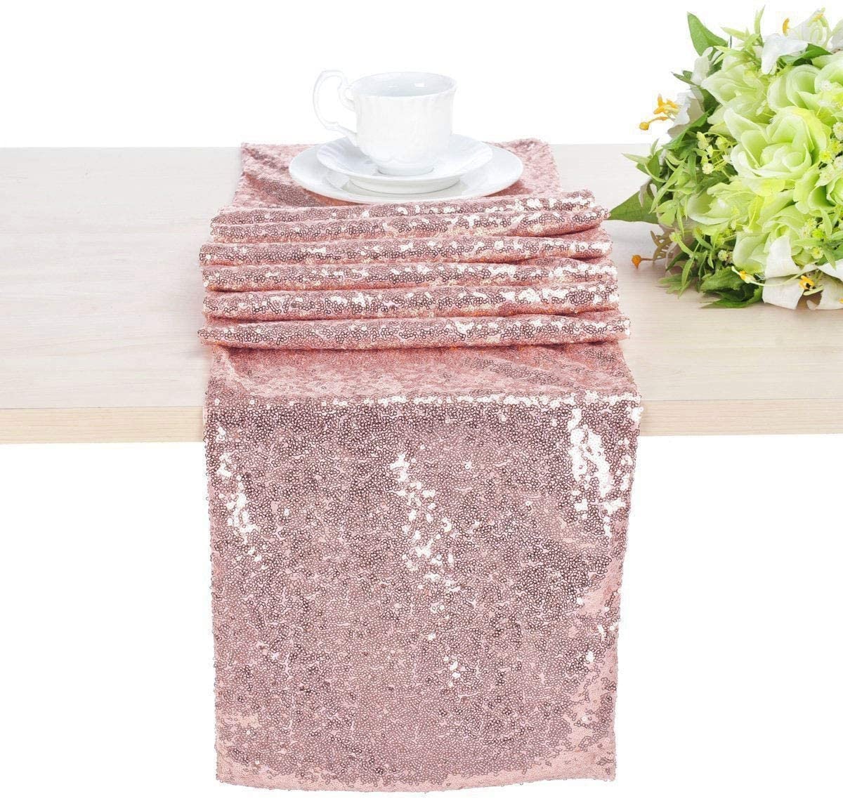 Rose Gold Glitter Sequin Table Runner 12x108 Inch - Sparkling Party Decor For Weddings & Events