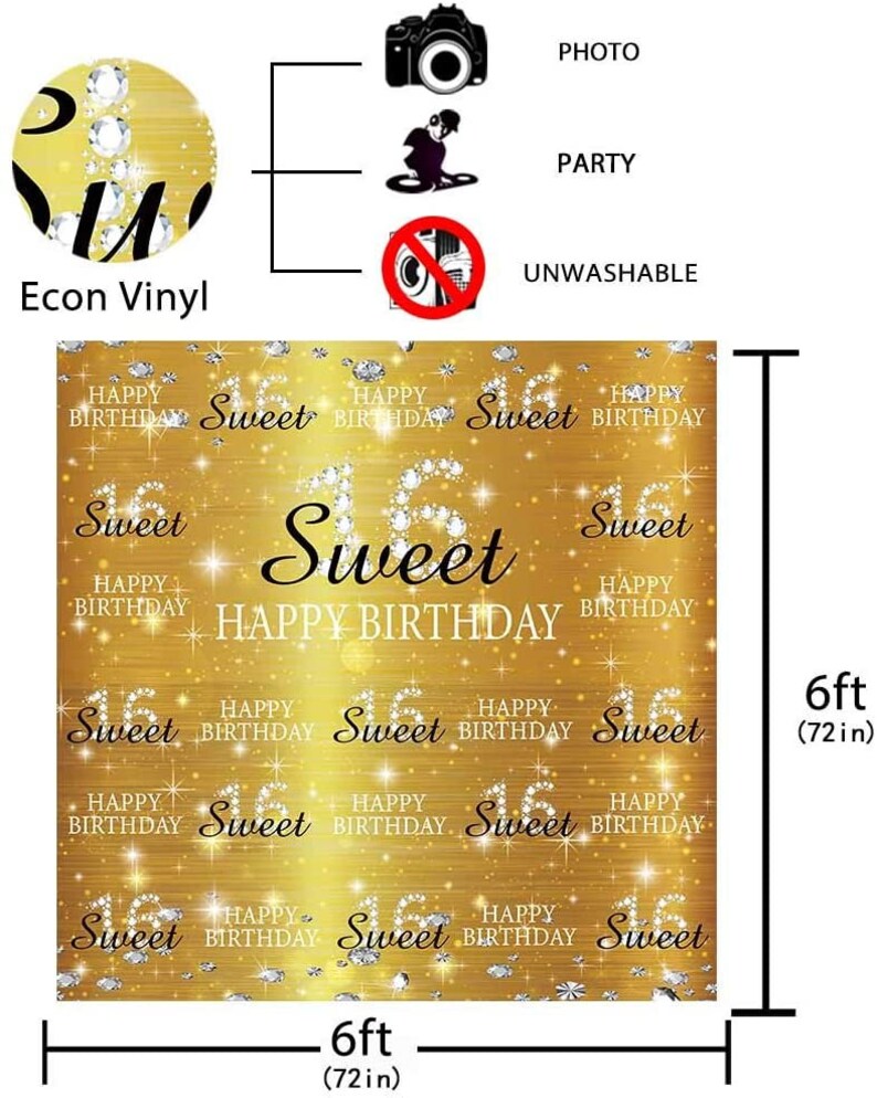 6x6ft GOLD Sweet 16th Birthday Party Backdrop Princess Girl Step and Repeat Diamonds Glitter Shiny Photography Background Sixteen